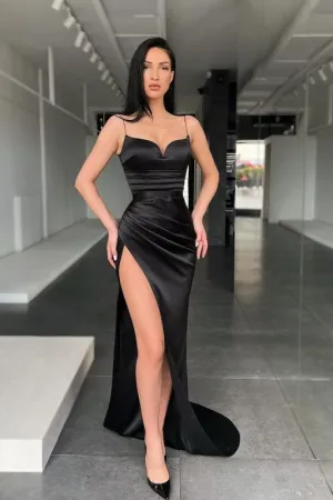 Sexy Spaghetti straps High split Prom Dress Black Sweetheart Party Dress