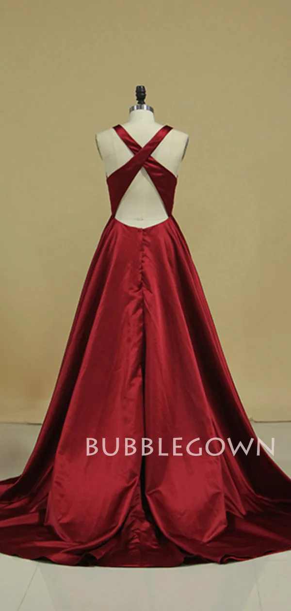 Sexy V Neck Backless Red A-Line Long Evening Prom Dress, Cheap Custom Prom Dress, MR7197