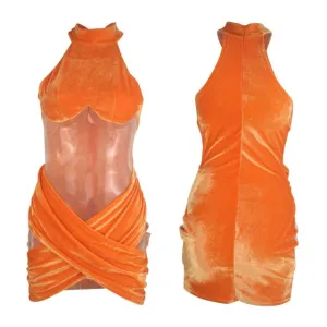 Sheer Mesh Patchwork Velvet Mini Dress Halter Sleeveless Cross Bodycon Nightclub Party