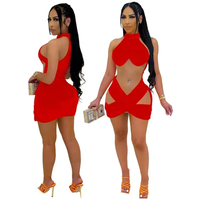Sheer Mesh Patchwork Velvet Mini Dress Halter Sleeveless Cross Bodycon Nightclub Party