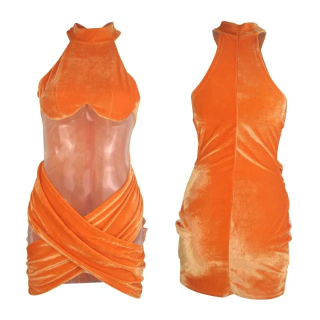 Sheer Mesh Patchwork Velvet Mini Dress Halter Sleeveless Cross Bodycon Nightclub Party