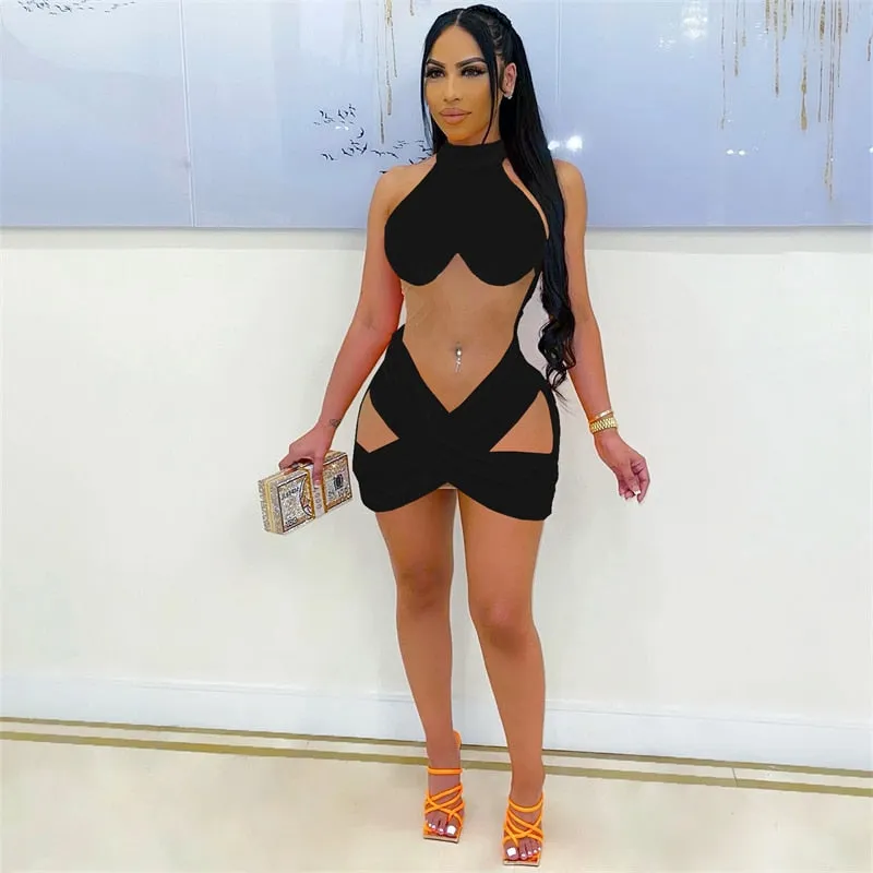 Sheer Mesh Patchwork Velvet Mini Dress Halter Sleeveless Cross Bodycon Nightclub Party