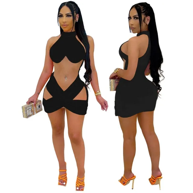 Sheer Mesh Patchwork Velvet Mini Dress Halter Sleeveless Cross Bodycon Nightclub Party