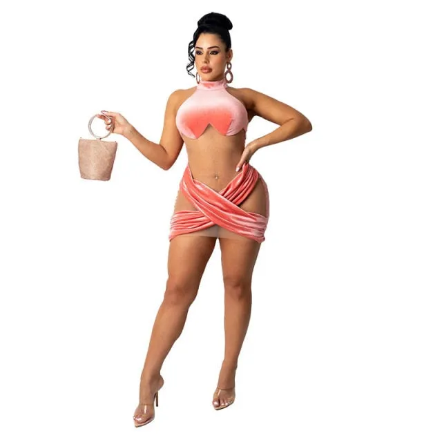 Sheer Mesh Patchwork Velvet Mini Dress Halter Sleeveless Cross Bodycon Nightclub Party
