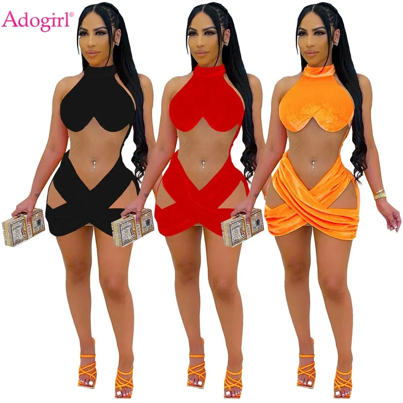 Sheer Mesh Patchwork Velvet Mini Dress Halter Sleeveless Cross Bodycon Nightclub Party