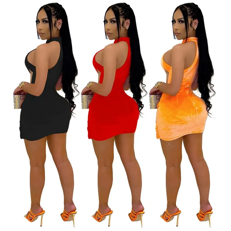 Sheer Mesh Patchwork Velvet Mini Dress Halter Sleeveless Cross Bodycon Nightclub Party
