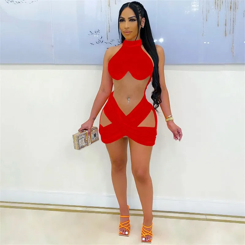 Sheer Mesh Patchwork Velvet Mini Dress Halter Sleeveless Cross Bodycon Nightclub Party