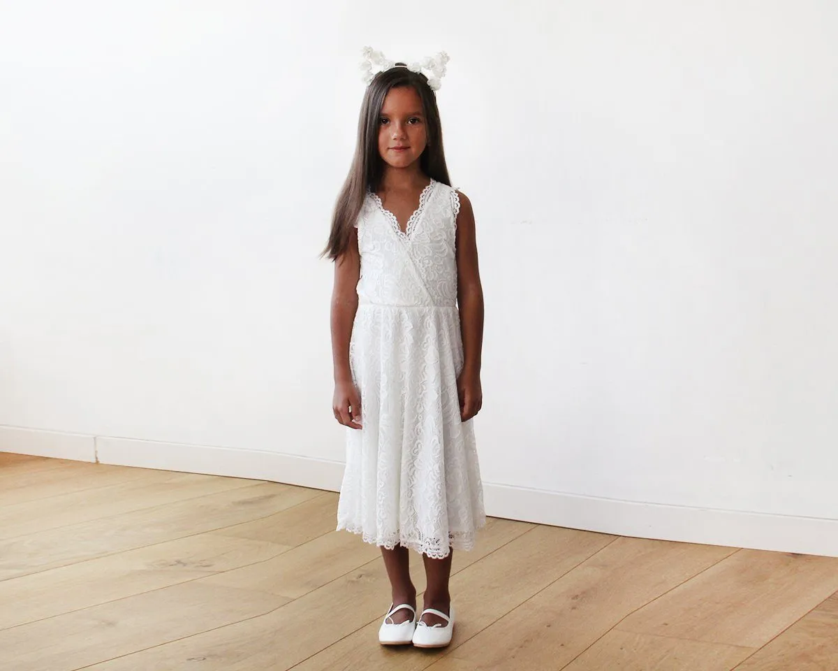 Short wedding dress ,Midi Ivory All Lace Sleeveless Flower Girl Dress #5048