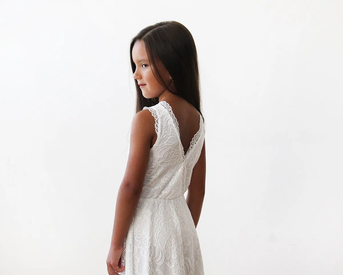 Short wedding dress ,Midi Ivory All Lace Sleeveless Flower Girl Dress #5048