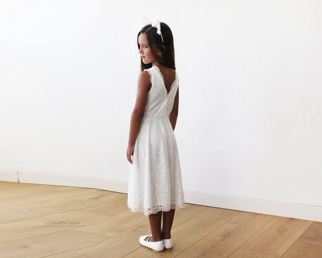 Short wedding dress ,Midi Ivory All Lace Sleeveless Flower Girl Dress #5048