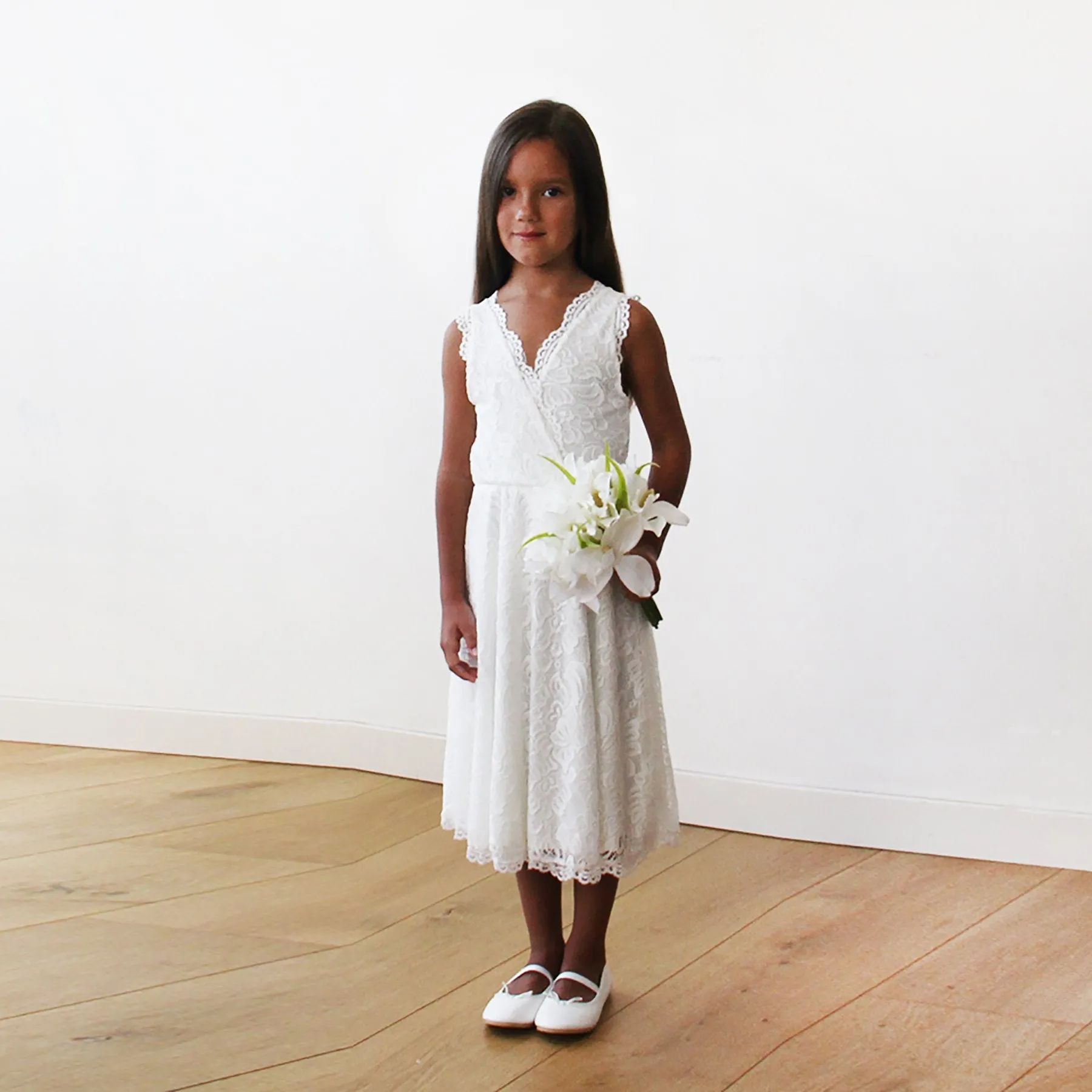 Short wedding dress ,Midi Ivory All Lace Sleeveless Flower Girl Dress #5048