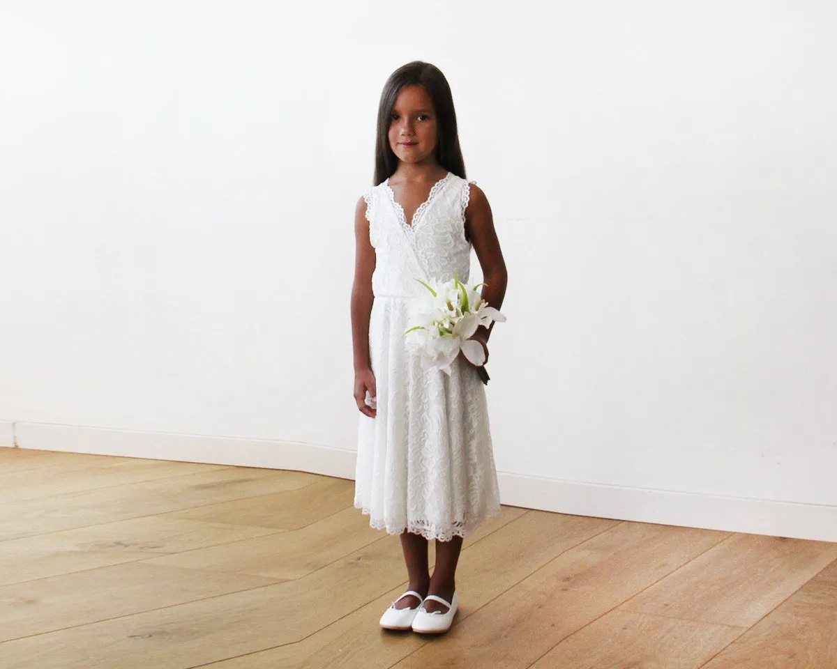 Short wedding dress ,Midi Ivory All Lace Sleeveless Flower Girl Dress #5048