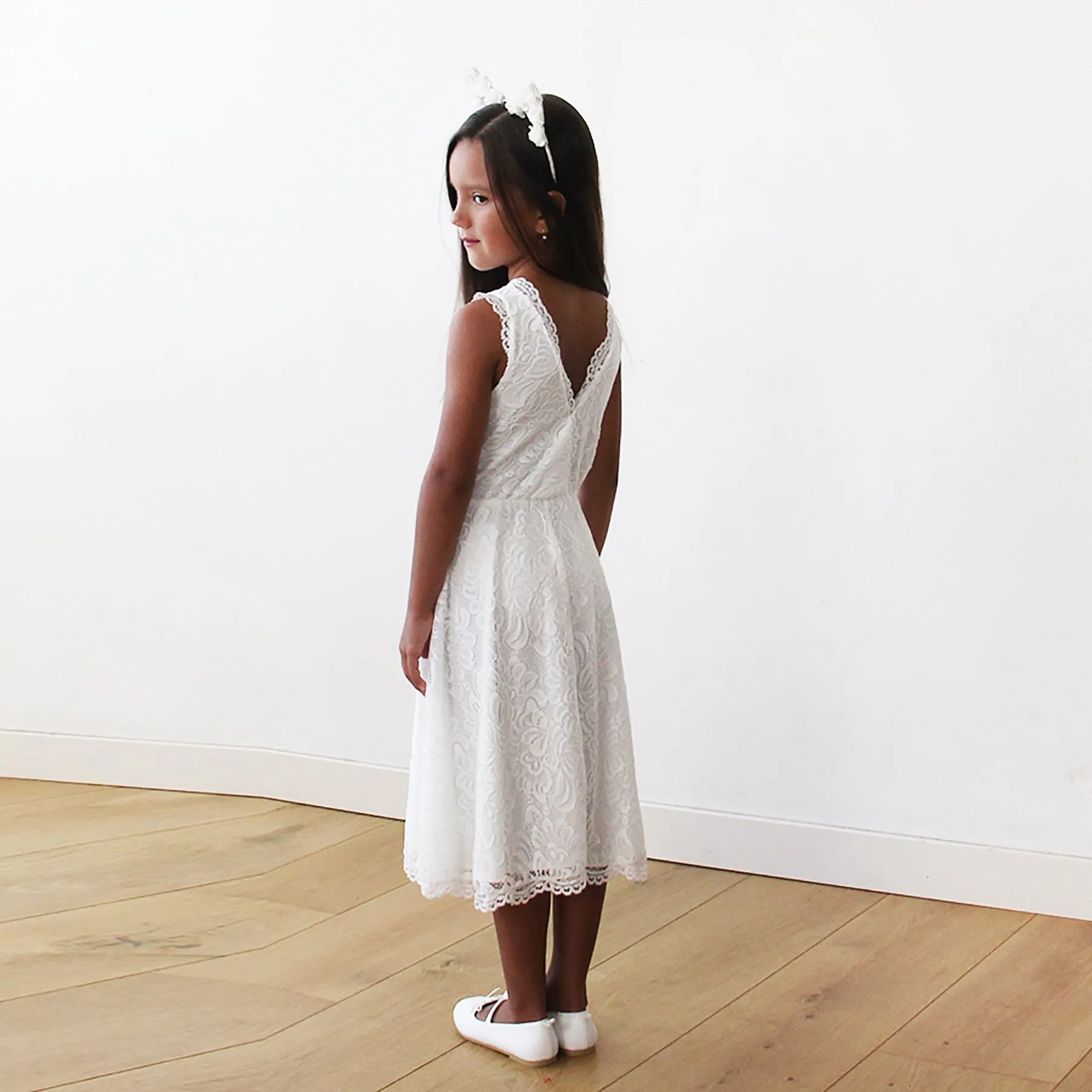 Short wedding dress ,Midi Ivory All Lace Sleeveless Flower Girl Dress #5048