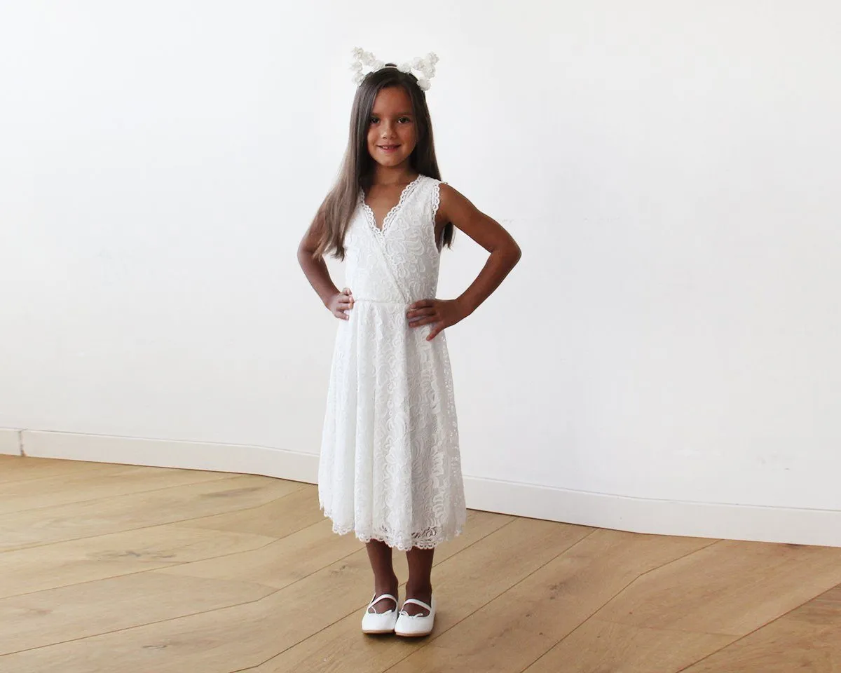 Short wedding dress ,Midi Ivory All Lace Sleeveless Flower Girl Dress #5048