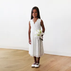 Short wedding dress ,Midi Ivory All Lace Sleeveless Flower Girl Dress #5048