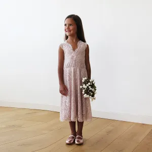 Short wedding dress ,Midi Pink All Lace Sleeveless Flower Girl Dress #5048