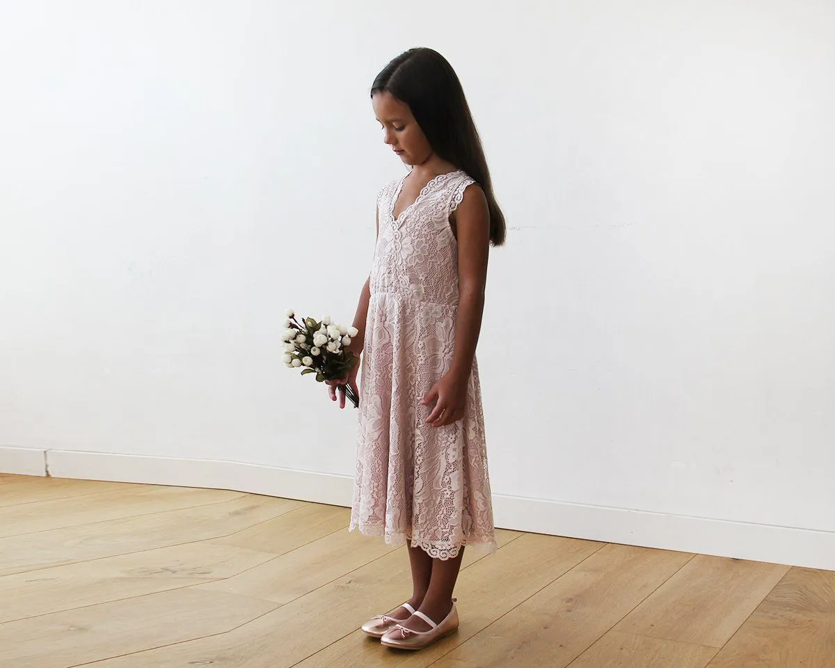 Short wedding dress ,Midi Pink All Lace Sleeveless Flower Girl Dress #5048