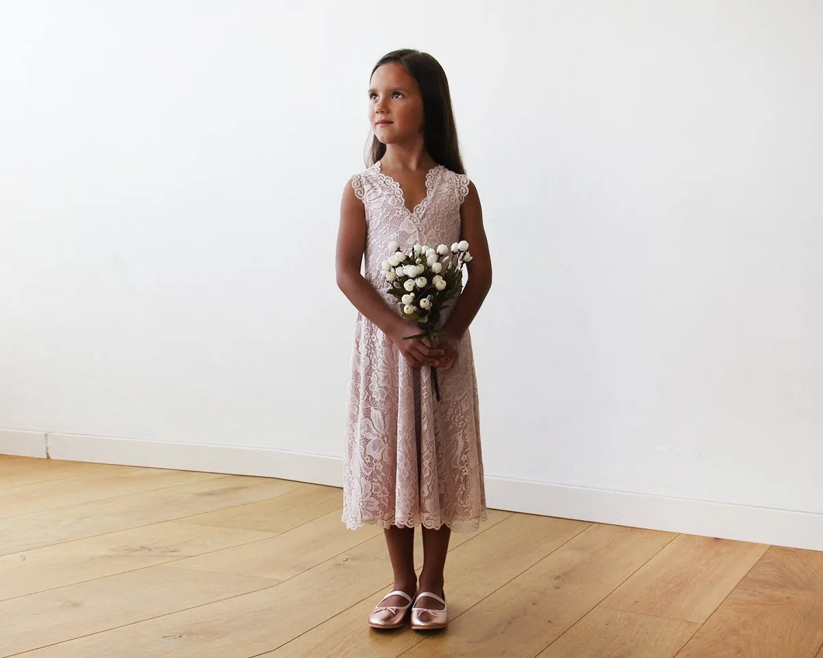 Short wedding dress ,Midi Pink All Lace Sleeveless Flower Girl Dress #5048