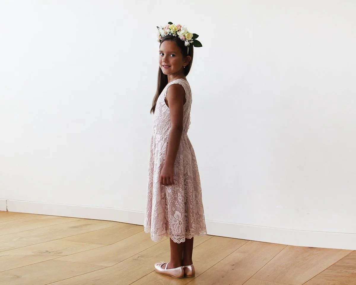 Short wedding dress ,Midi Pink All Lace Sleeveless Flower Girl Dress #5048