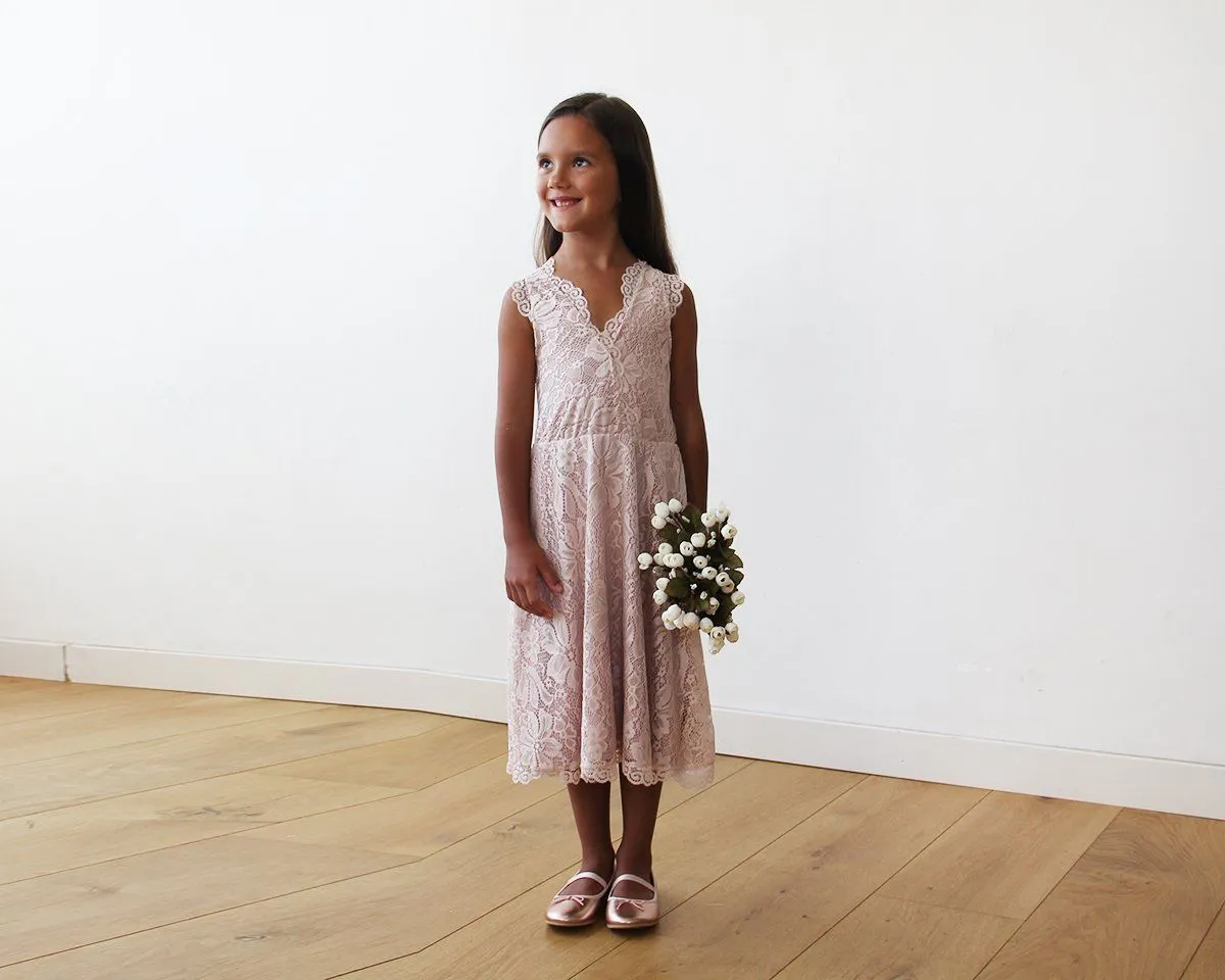 Short wedding dress ,Midi Pink All Lace Sleeveless Flower Girl Dress #5048