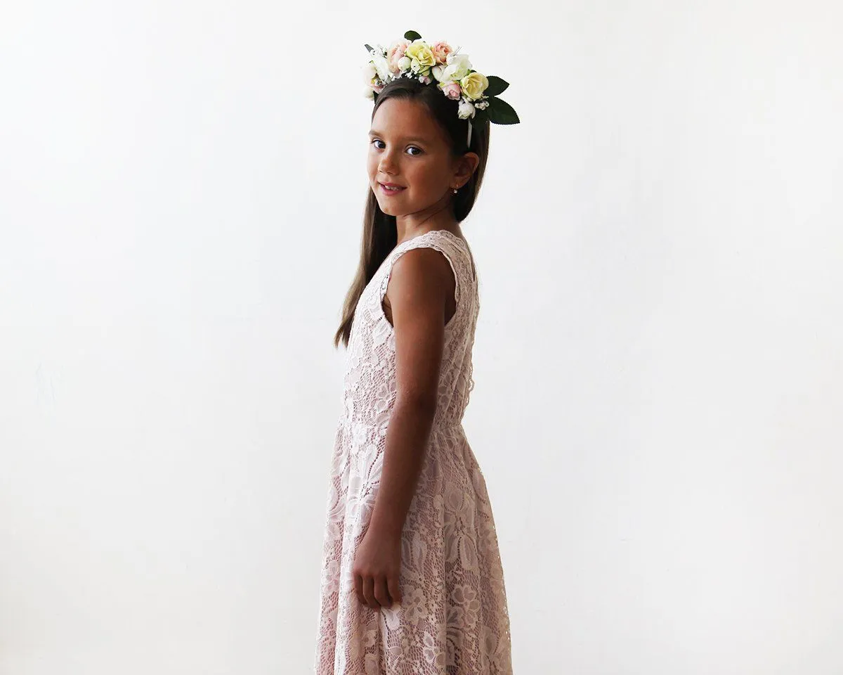 Short wedding dress ,Midi Pink All Lace Sleeveless Flower Girl Dress #5048