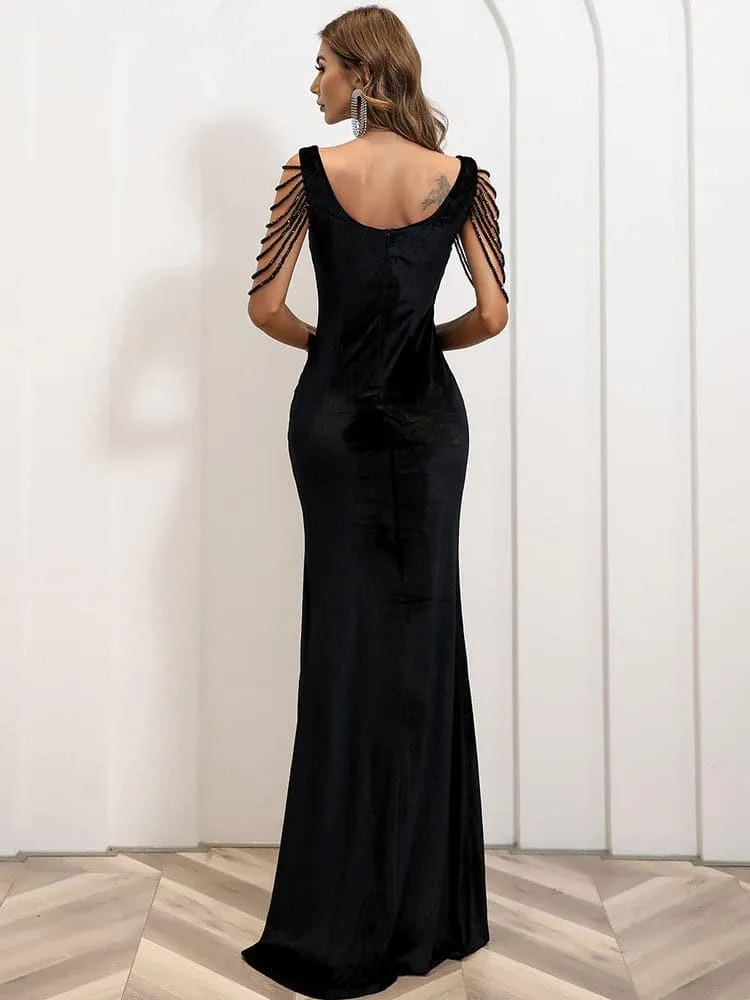 Shouder Chain Split Velvet Prom Dress M01298