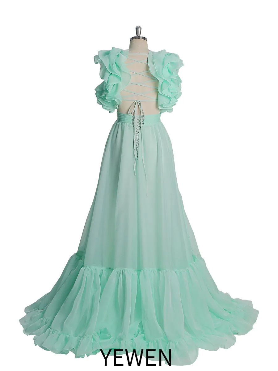 Silk Organza Maxi Dress Elegant Ruffles Backless Prom Dresses Photography Gowns YW221116