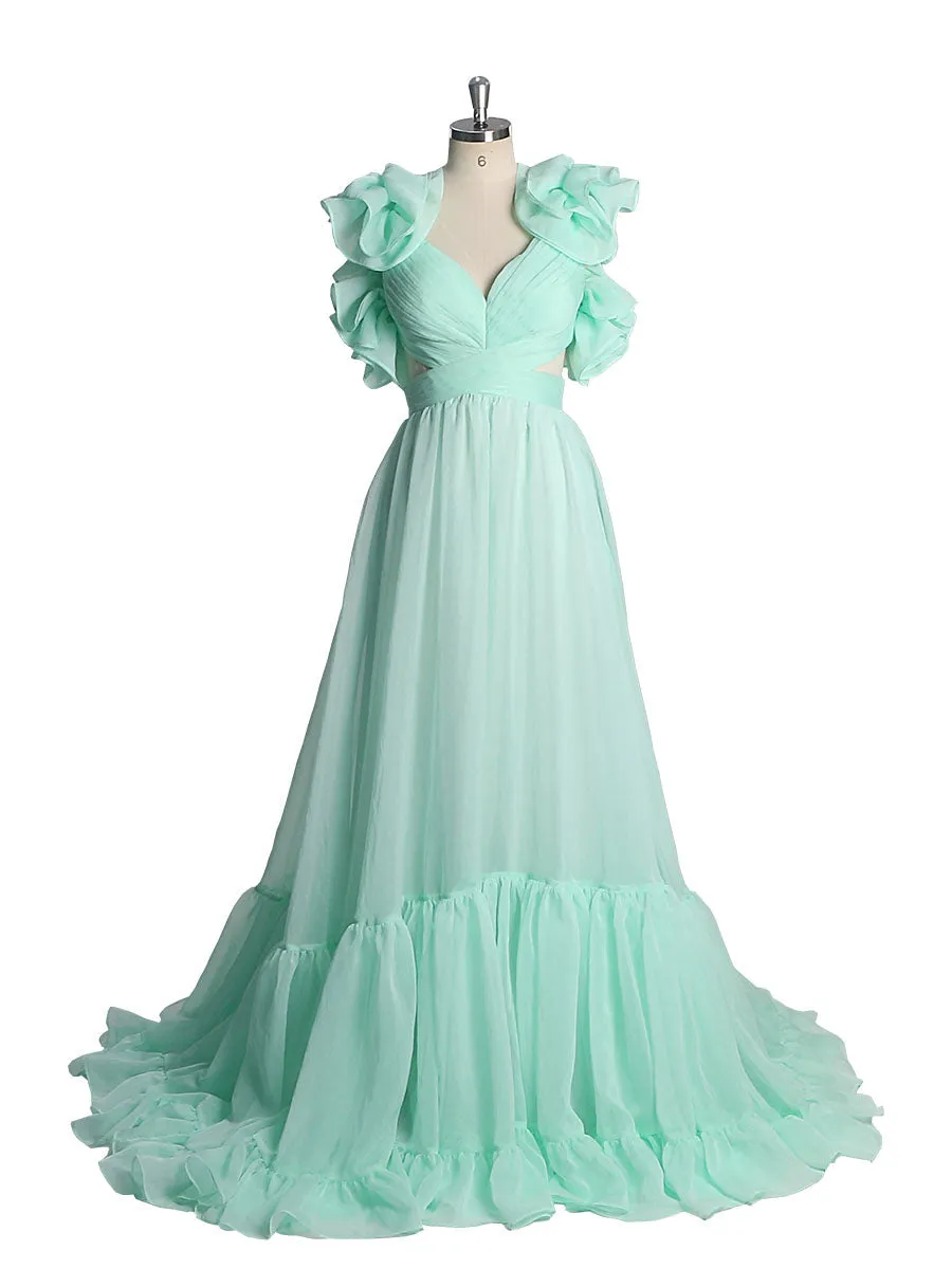 Silk Organza Maxi Dress Elegant Ruffles Backless Prom Dresses Photography Gowns YW221116