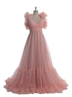 Silk Organza Maxi Dress Elegant Ruffles Backless Prom Dresses Photography Gowns YW221116