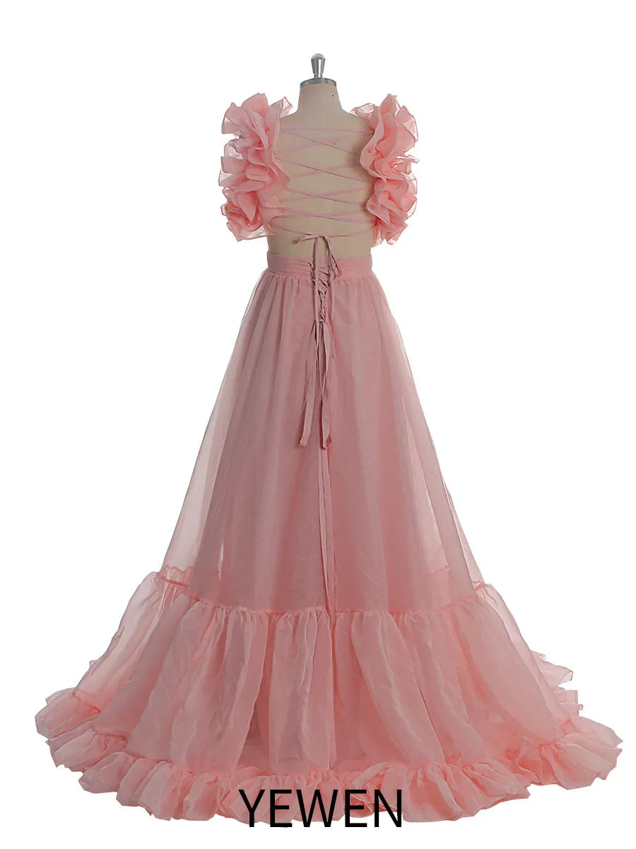 Silk Organza Maxi Dress Elegant Ruffles Backless Prom Dresses Photography Gowns YW221116