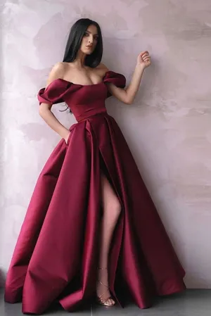 Simple burgundy satin long prom dress burgundy formal dress