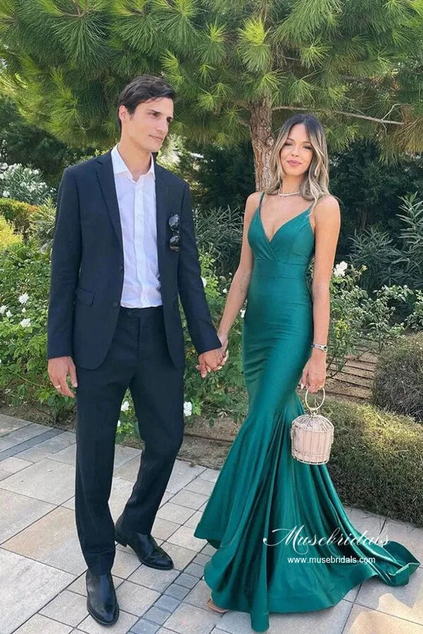 Simple Green Stain Mermaid V-neck Long Prom Dress, Long Formal Dresses, MP1011