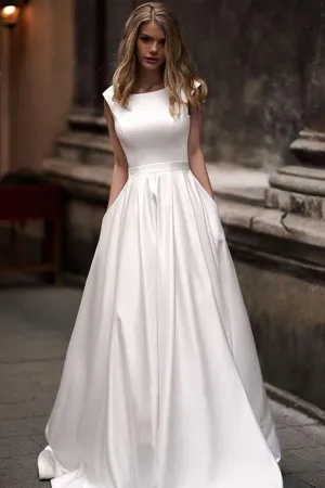 Simple Ivory Satin Vintage A-line Princess Wedding Dresses With Pockets, MW698
