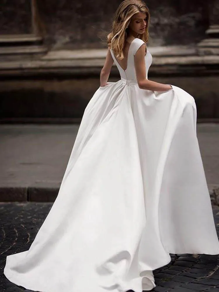 Simple Ivory Satin Vintage A-line Princess Wedding Dresses With Pockets, MW698