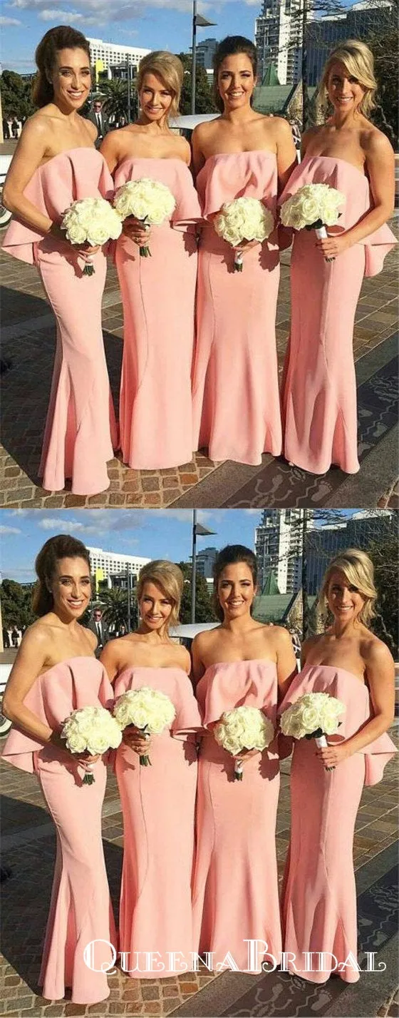 Simple Pink Strapless Sleeveless Long Satin Bridesmaid Dresses, QB0726