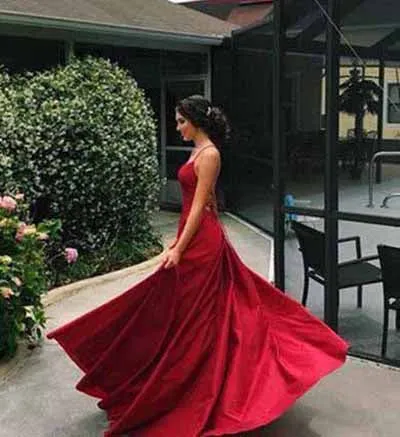 Simple Red A-line Satin Spaghetti Straps Long Prom Dresses with Slit, SP380
