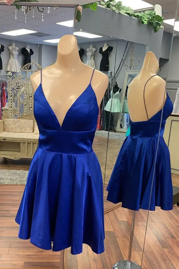 Simple Royal Blue Satin Backless Homecoming Dresses, Short Prom Dress, MH536
