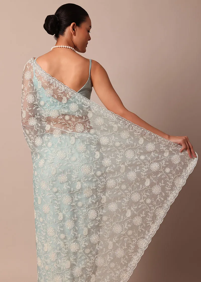 Sky Blue Chikankari Silk Organza Saree With Floral Thread Jaal Detail