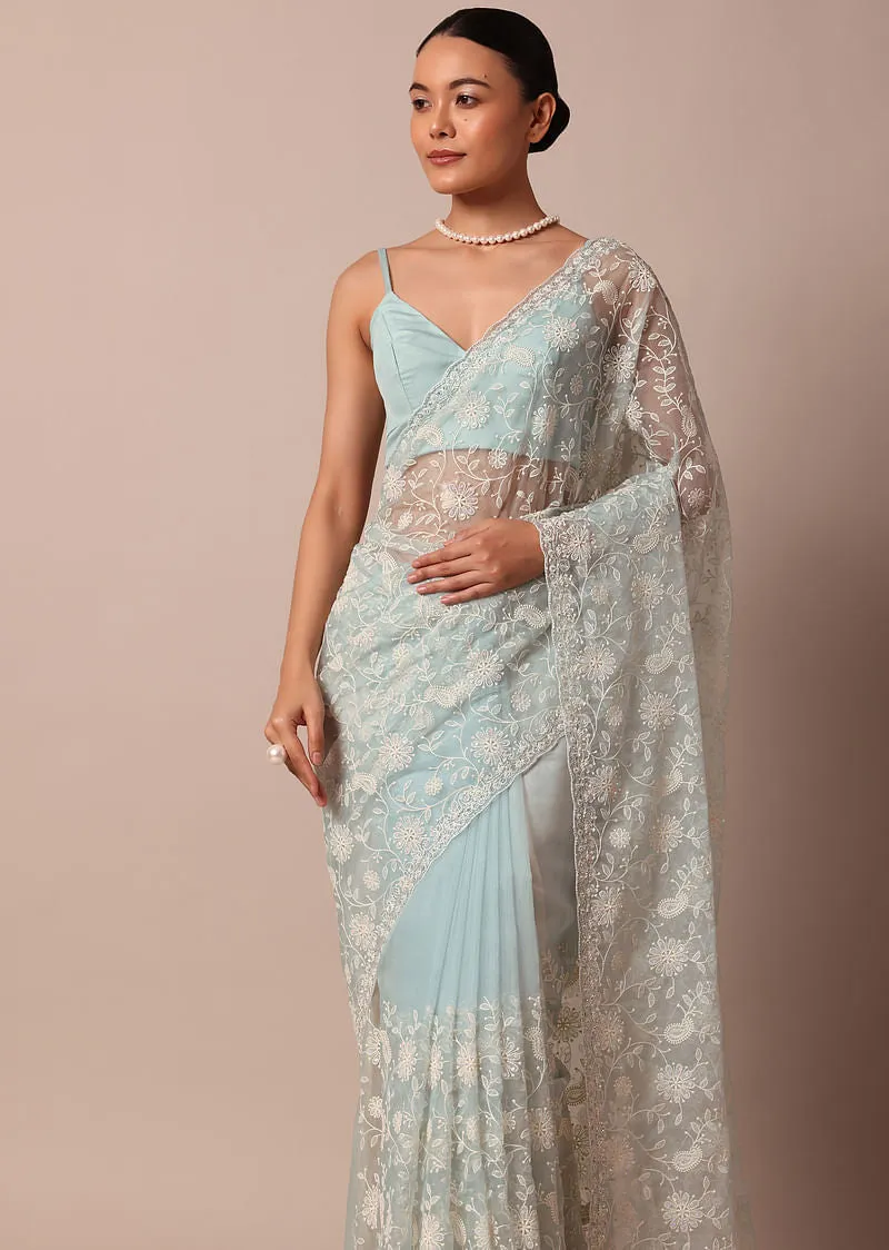 Sky Blue Chikankari Silk Organza Saree With Floral Thread Jaal Detail