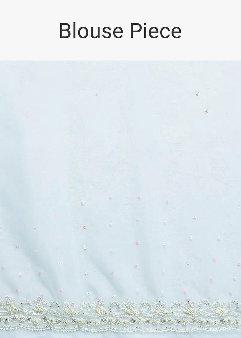 Sky Blue Chikankari Silk Organza Saree With Floral Thread Jaal Detail