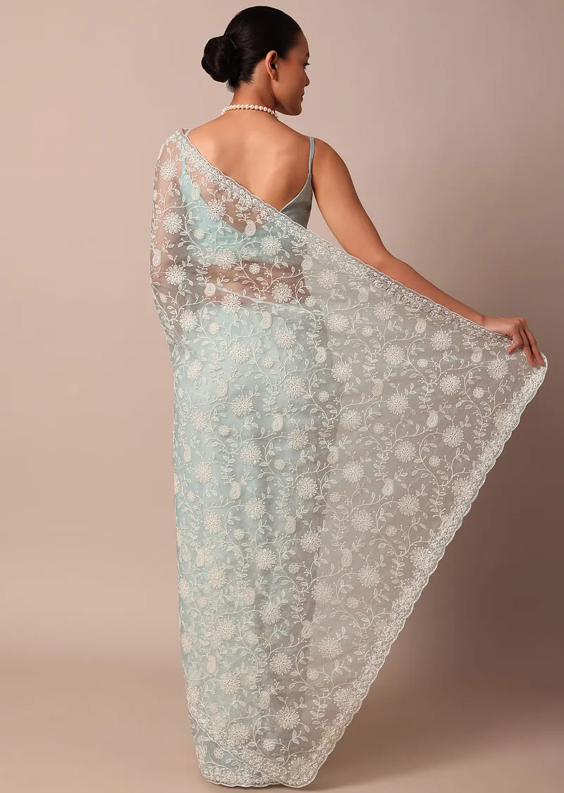 Sky Blue Chikankari Silk Organza Saree With Floral Thread Jaal Detail