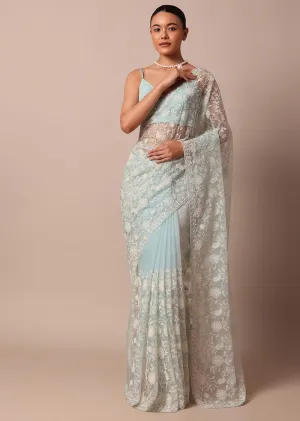 Sky Blue Chikankari Silk Organza Saree With Floral Thread Jaal Detail