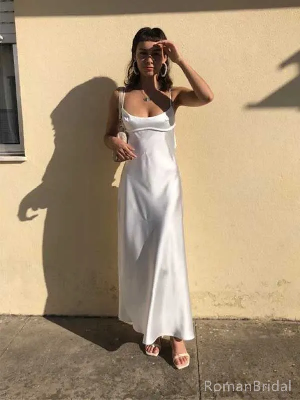Soft Spaghetti Strap Sleeveless A-line Satin Long Prom Dresses Online, OL513