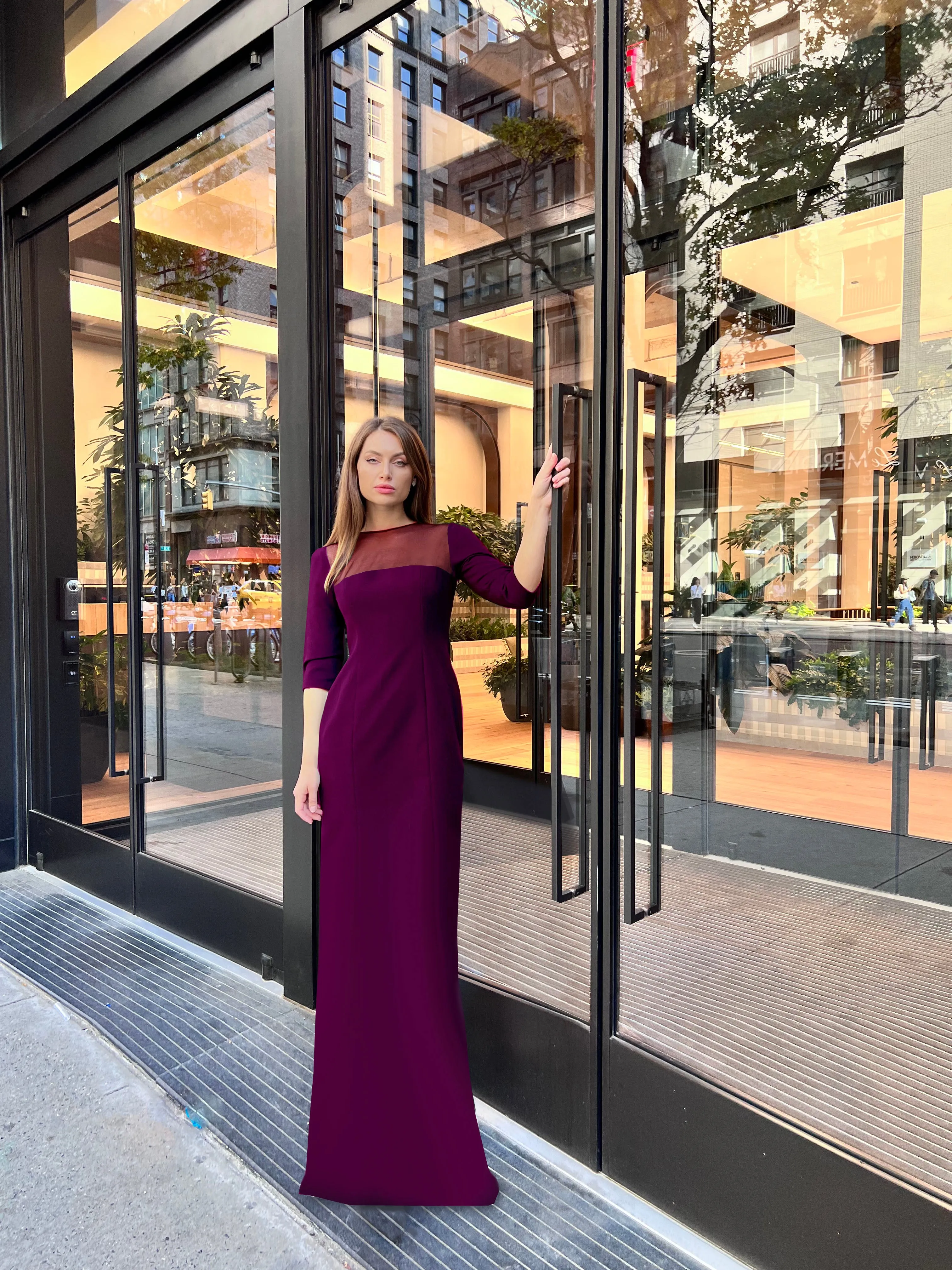 Soki Gown with See Through Yoke and 3/4 sleeves