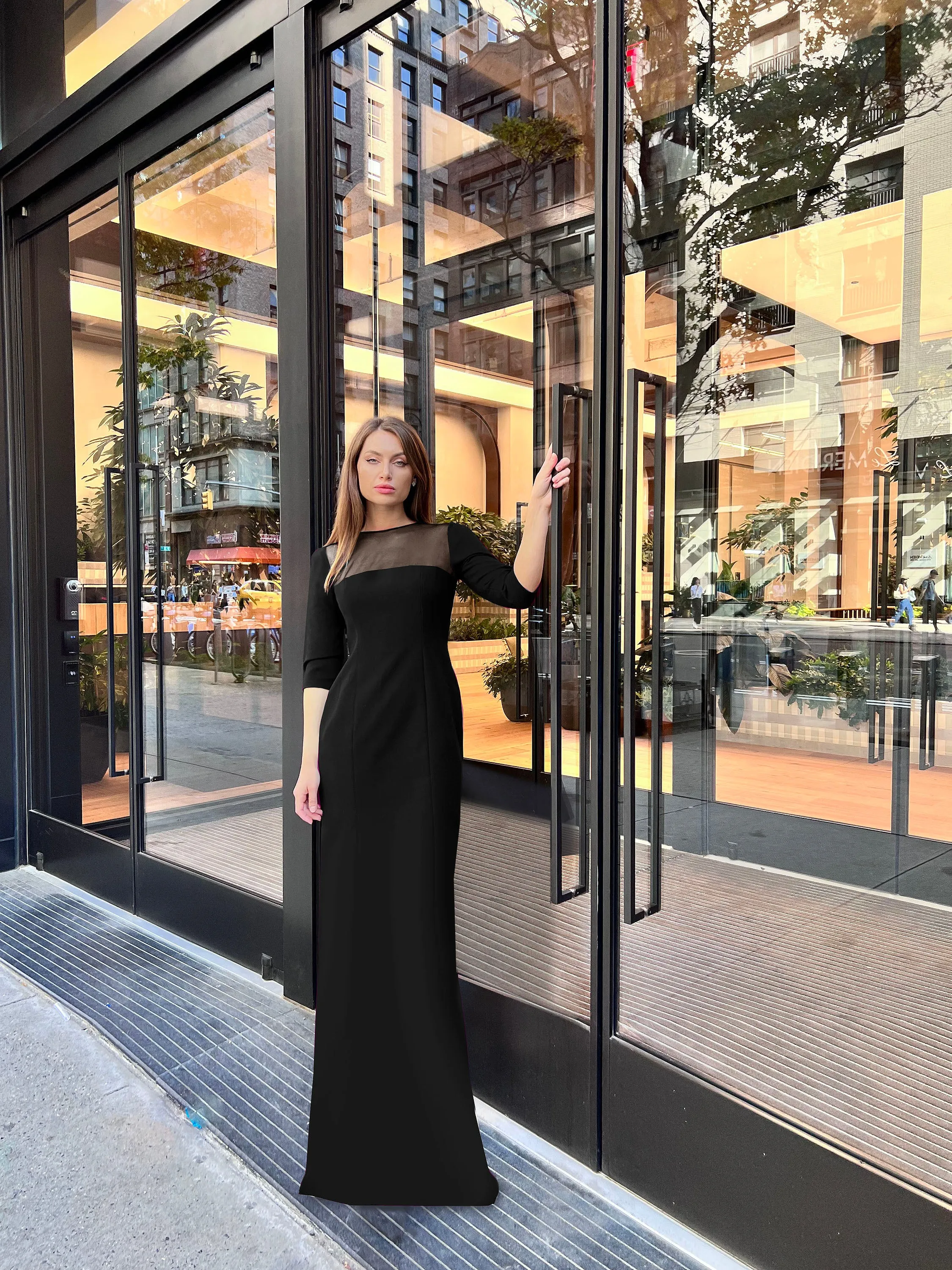 Soki Gown with See Through Yoke and 3/4 sleeves