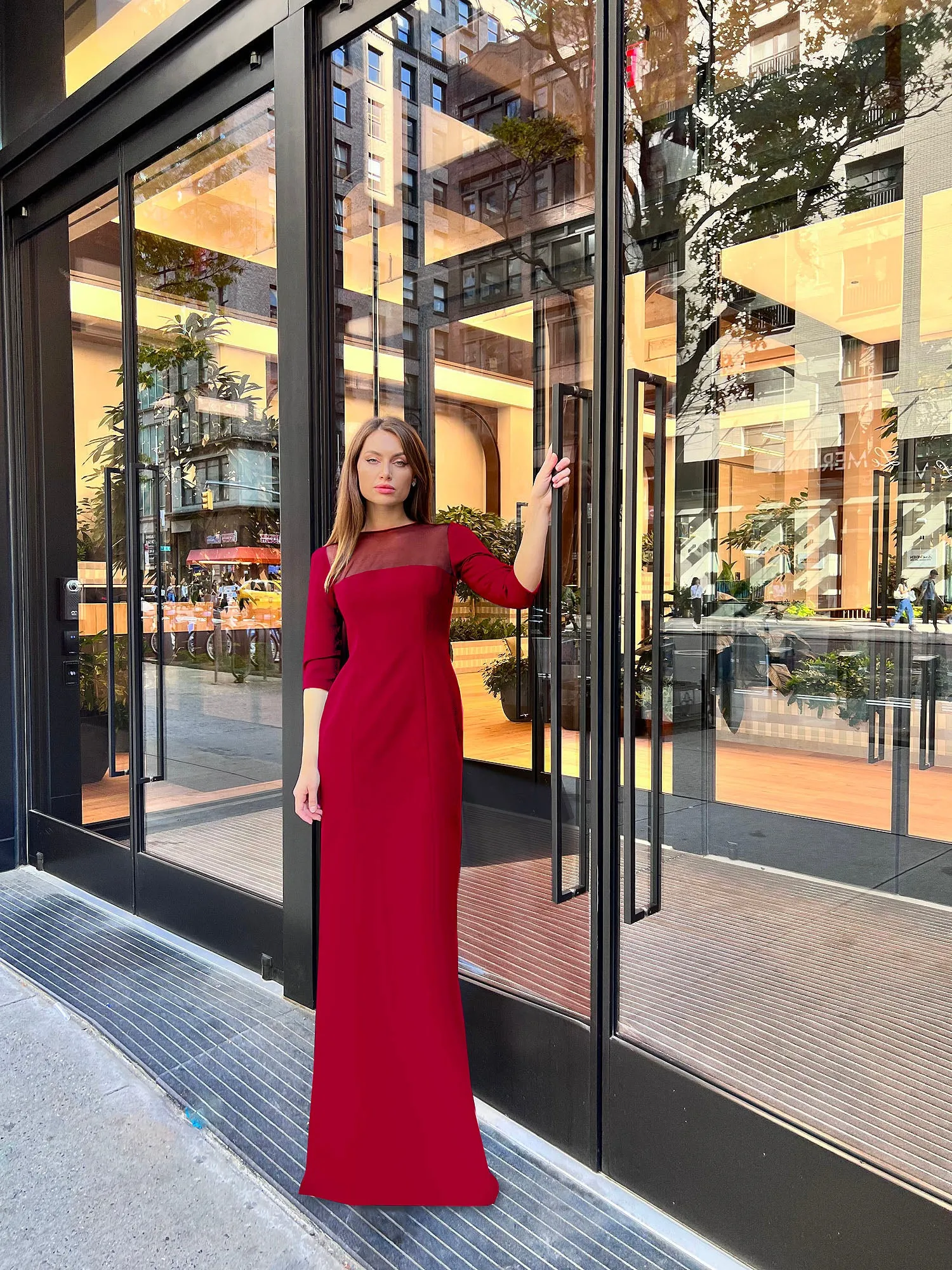 Soki Gown with See Through Yoke and 3/4 sleeves
