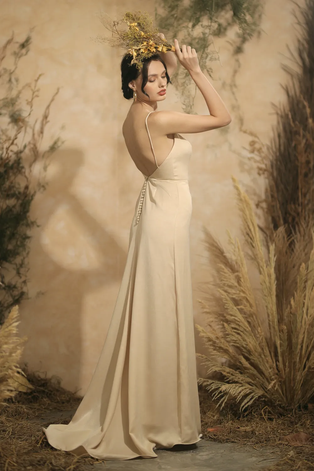 SOLEDAD Backless Maxi Dress with Back Button Detail and Trail (Nude Silk)