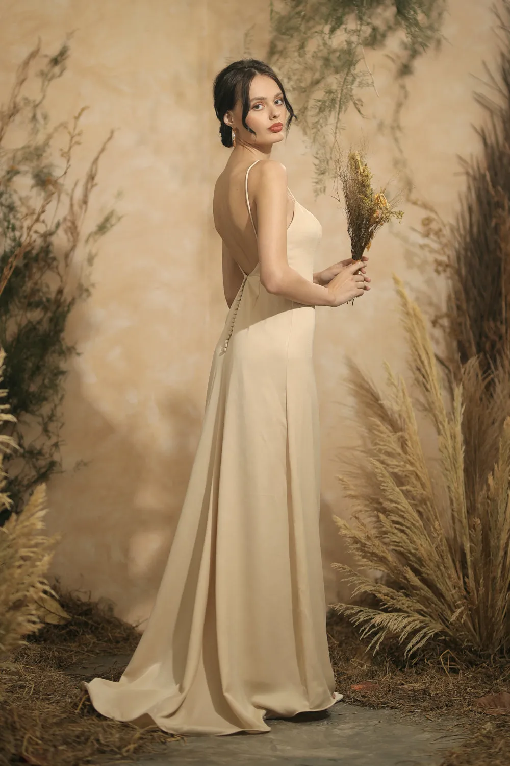SOLEDAD Backless Maxi Dress with Back Button Detail and Trail (Nude Silk)