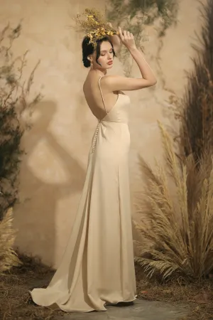 SOLEDAD Backless Maxi Dress with Back Button Detail and Trail (Nude Silk)