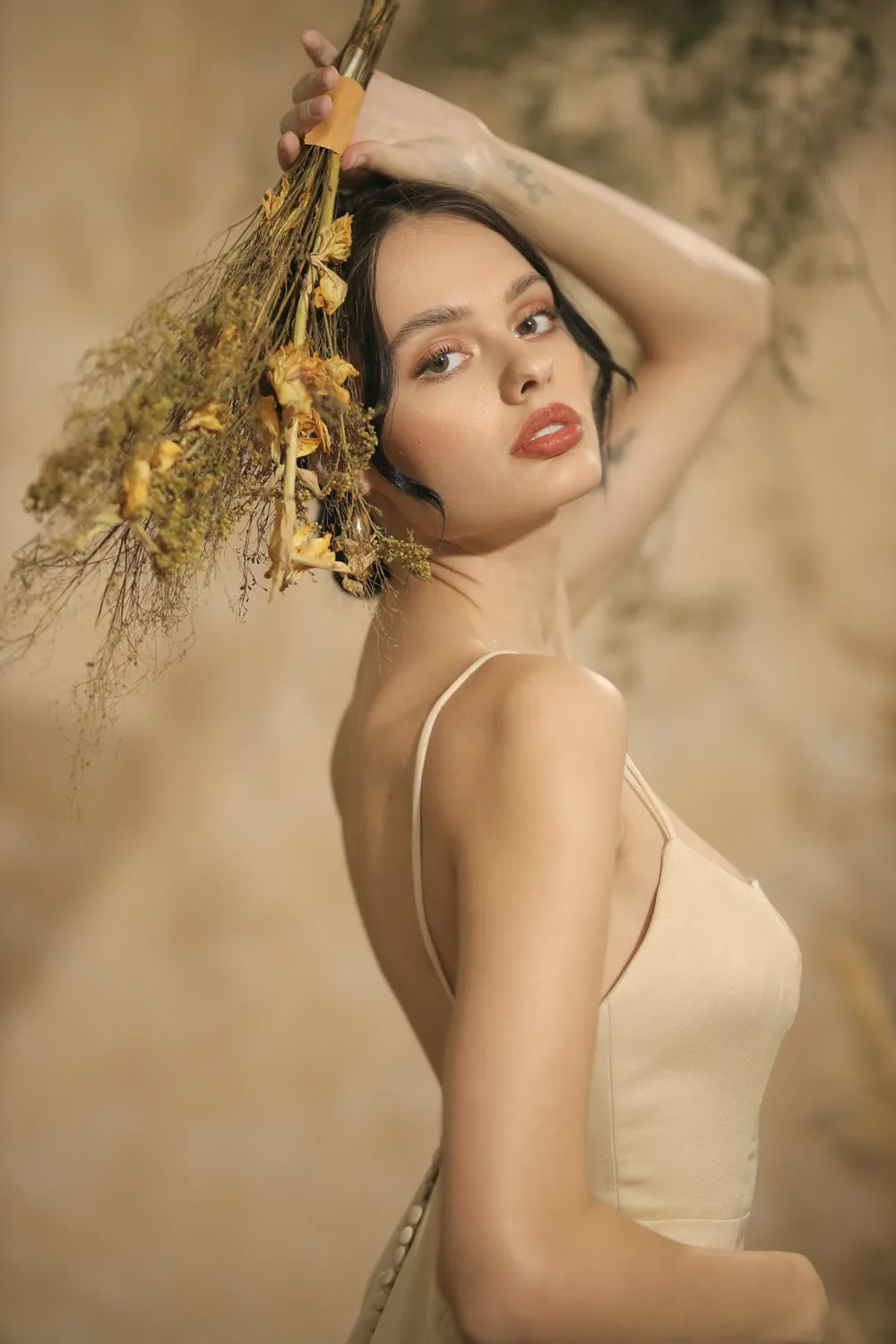 SOLEDAD Backless Maxi Dress with Back Button Detail and Trail (Nude Silk)